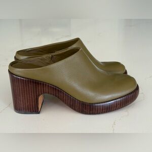 Vince Olive Green Mules with Brown Wooden Heel